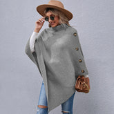 Vintage Solid Color Ribbed Knit Button Trim Hanky Hem Turtleneck Cape Sweater